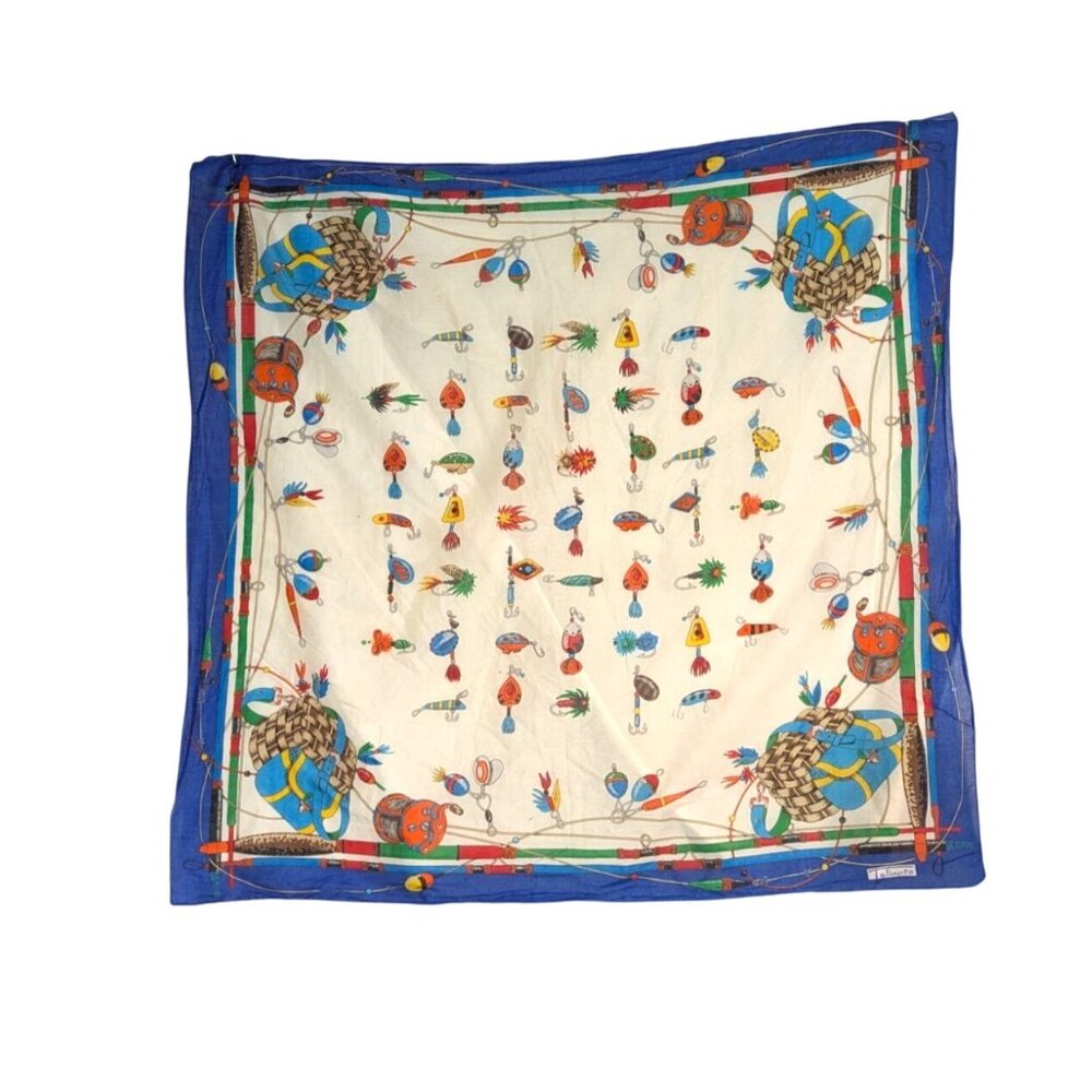 Vintage Talbots Nautical Fishing Gear Scarf 30" X 30" Blue & Multicolor